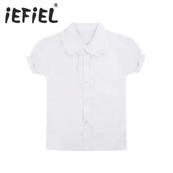 Beyaz Büyük Kızlar Çocuk Çocuklar Kısa Puf Kollu okul üniforması Bluz Fırfır Yaka Ruffled Bluz Düğme Gömlek Bluz Tops