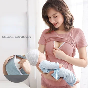 Annelik Emzirme Giysileri Hamile kadın Doğum Sonrası Hemşirelik Gömlek Kısa kollu pamuklu tişört Yaz İnce Pijama