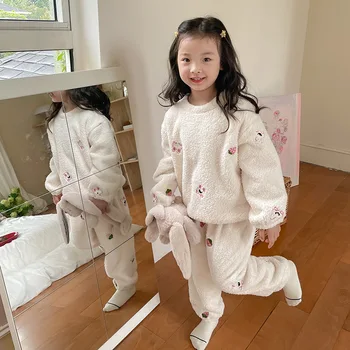 Kış Kız Pamuk Kadife Sıcak Ev Giyim 2 Adet Set Çocuklar Astar Polar Kalınlaşmak Pijama