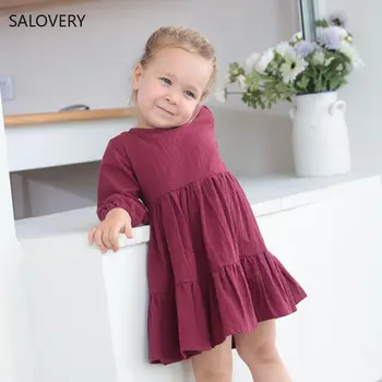 Yeni Bahar Sonbahar Çocuklar Bebek Kız Giysileri Moda Saf Renk Elbiseler Bebek Kız Çocuklar için Uzun Kollu Pamuklu Keten Elbise 1-5Yrs