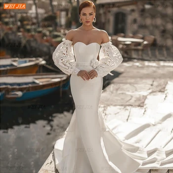 Straplez Sevgiliye Zarif Backless Ayrılabilir Kabarık Kollu Saten Prenses Mermaid Katmanlı düğün elbisesi gelin kıyafeti